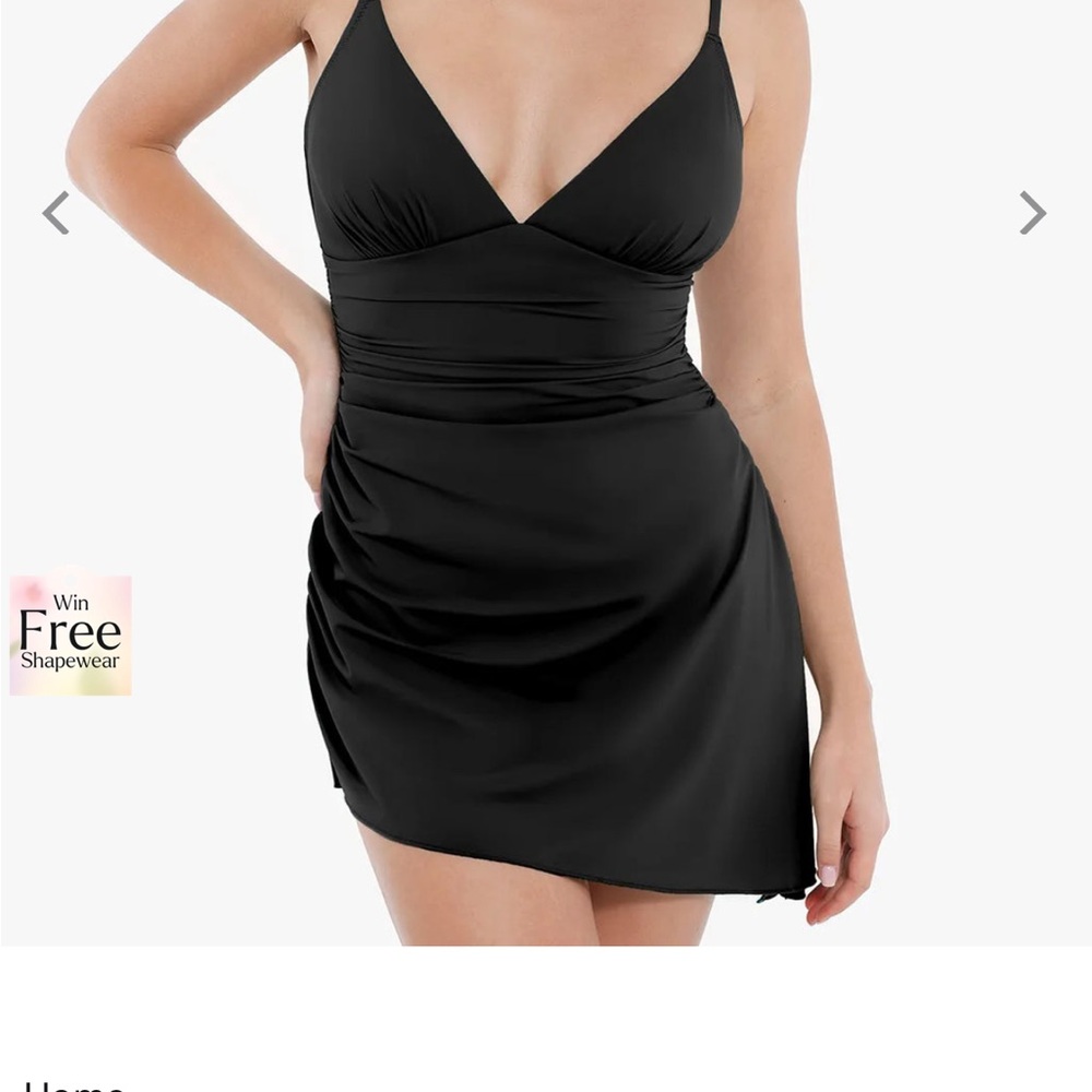 Popilush Black One Piece Swim Dress with V-Neck and Skirt